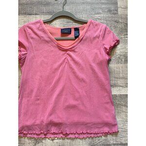Crazy Horse Pink Ribbed Short-Sleeve Top With Lettuce Hem & Ruffle Details - Siz